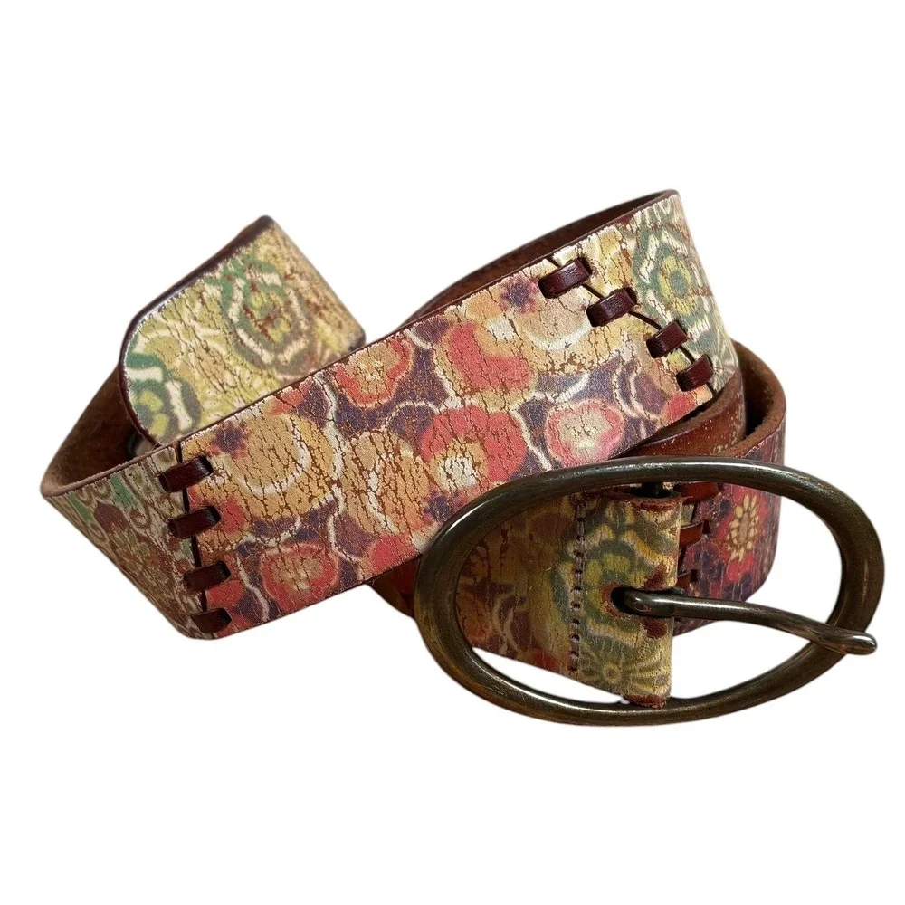 Fossil Womens Large Floral Tapestry Leather Whipstitch Belt BT2908998 Multicolor